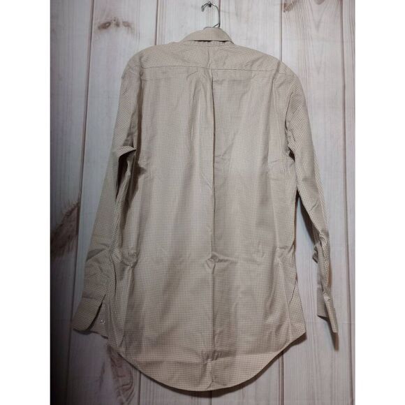 Land's End Shirt Men's Medium Tan White Button Front Long Sleeve Easy Care - Picture 2 of 8